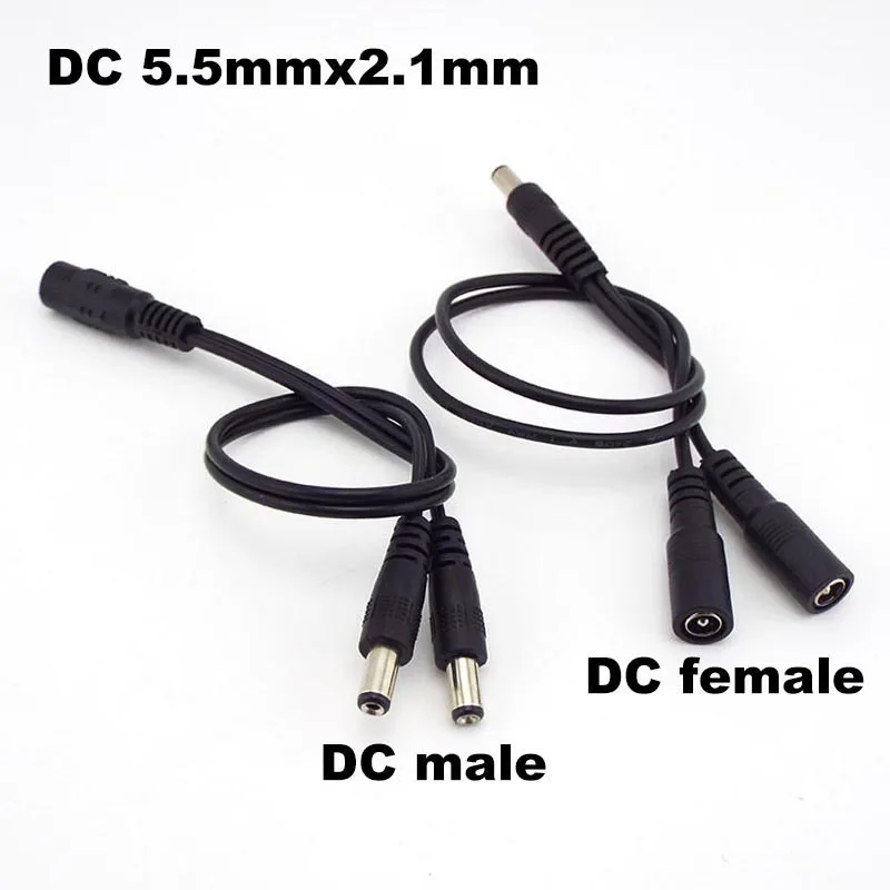 DC 1 male to 2 female 2 Male 2 way Power adapter Cable 5.5mmx2.1mm Splitter connector Plug extension for CCTV LED strip light