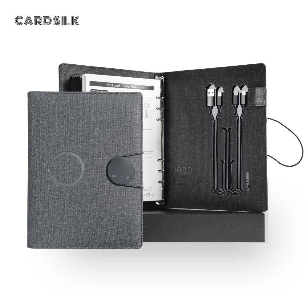 Ноутбук A5 с беспроводной зарядкой и складной подставкой для телефона, льняной кожаной обложкой, кабелем 3-в-1 и слотами для карт для делового использования Ноутбук A5 с беспроводной зарядкой и складной подставкой для телефона, льняной кожаной обложкой, кабелем 3-в-1 и слотами для карт для делового использования