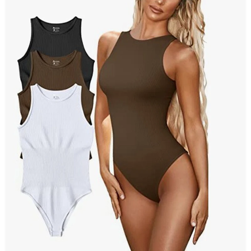 OMSJ Base Solid Sleeveless Tank Top Bodysuit For Women Summer Hot Girl Tight Sexy Casual Ribbed O Neck Romper Daily Clothes 2023