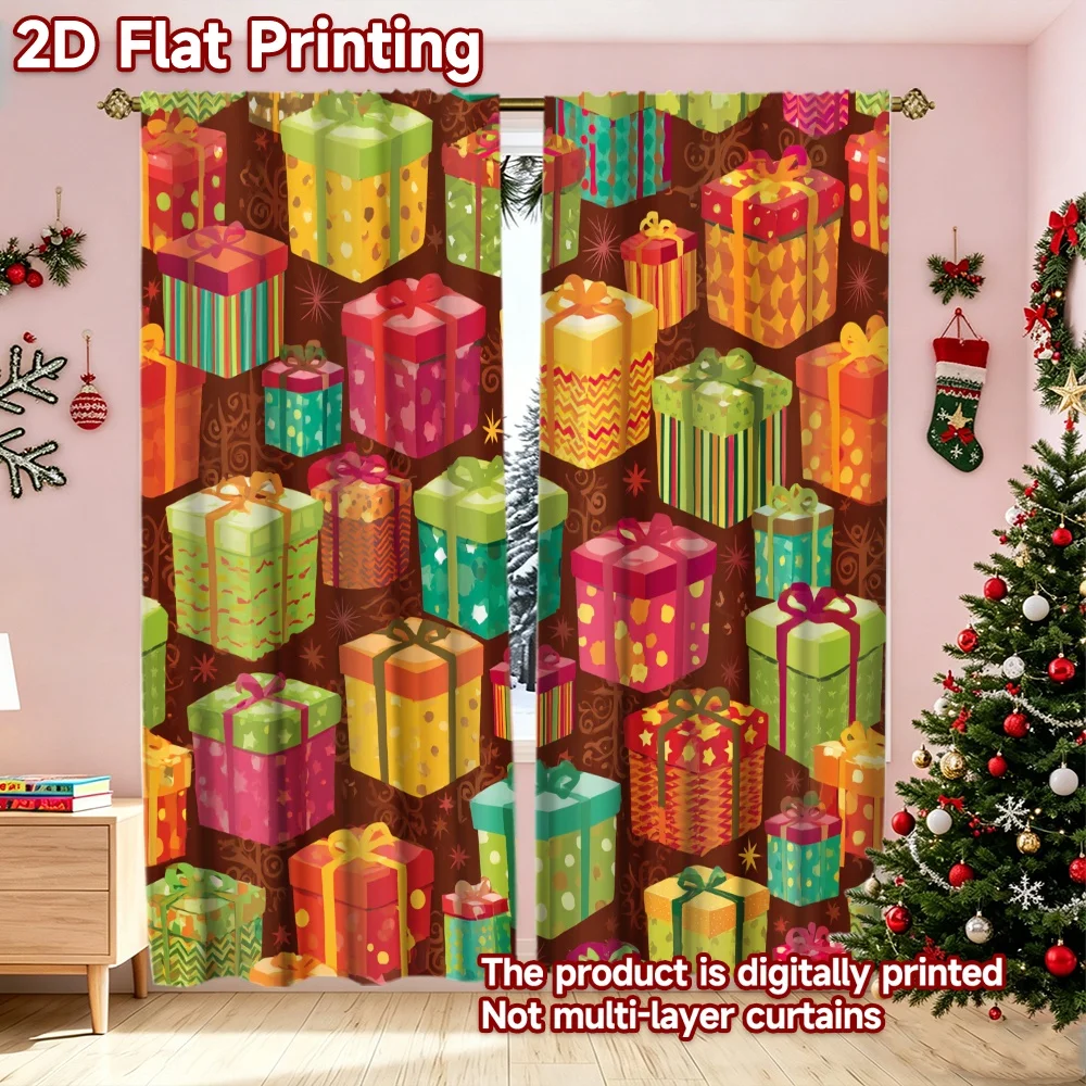 2D flat printing 2pcs Classic Hot Christmas Curtains Christmas Gift Boxes(1) Digitally printed polyester, durable Festive Wall