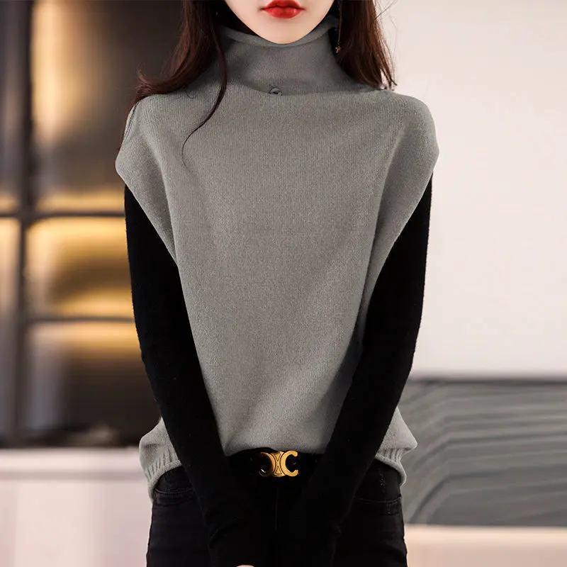 Fashion Turtleneck Solid Color kamizelka okazjonalna sweter odzież damska 2022 jesień nowe luźne pulowery w stylu Casual wszystkie mecze topy w