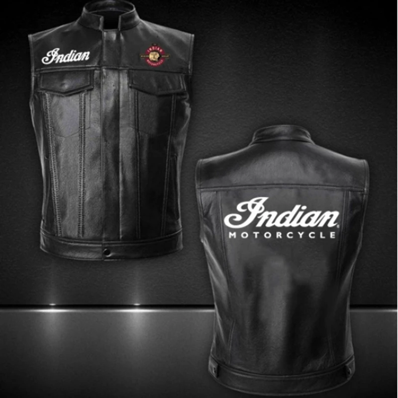 2024 new black PU vest motorcycle leather jacket printed pattern motorcycle logo vest knight shoulder clip