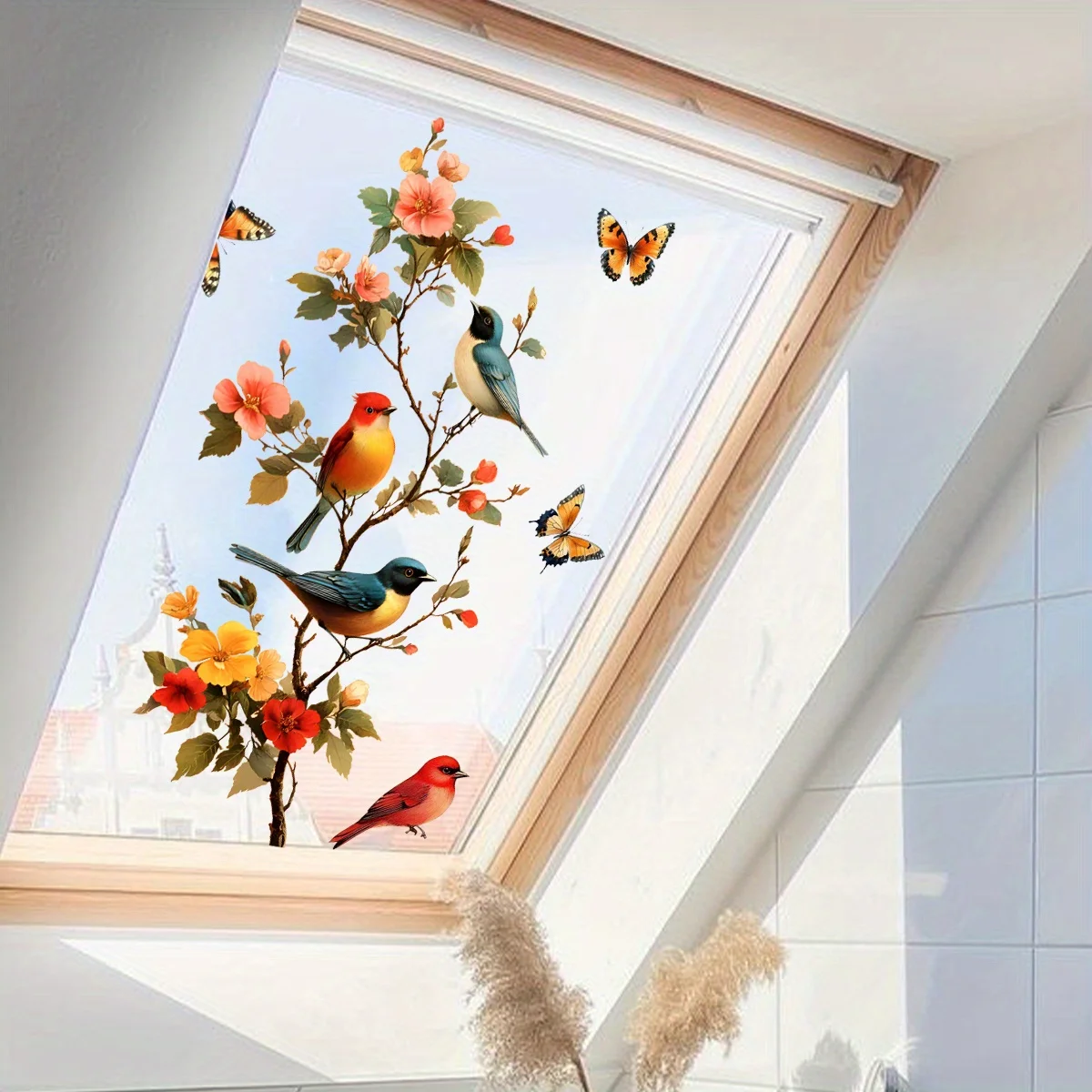 1 Piece of Pastoral Flower and Bird Window Sticker, Butterfly Floral Decoration Sticker, Self-Adhesive Glass Sticker, Bedroom and Living Room Wall Beautification Sticker view 6