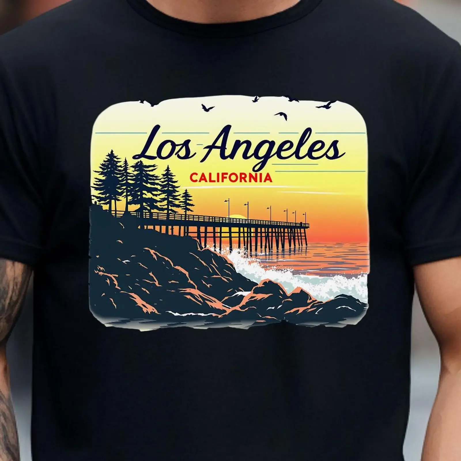 Camiseta Vintage Los Angeles California Sunset Pier, Casual, Souvenir de Viagem para Viajantes de LA, Estilo Vintage Lavado, Respirável