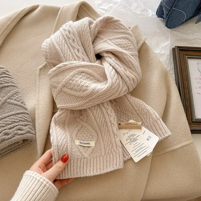 

2025 New Winter Warm Scarf Women's Striped Solid Color 100% Wool Knitted Scarf Korean Retro Warm Woolen Shawl Bandana Scarves