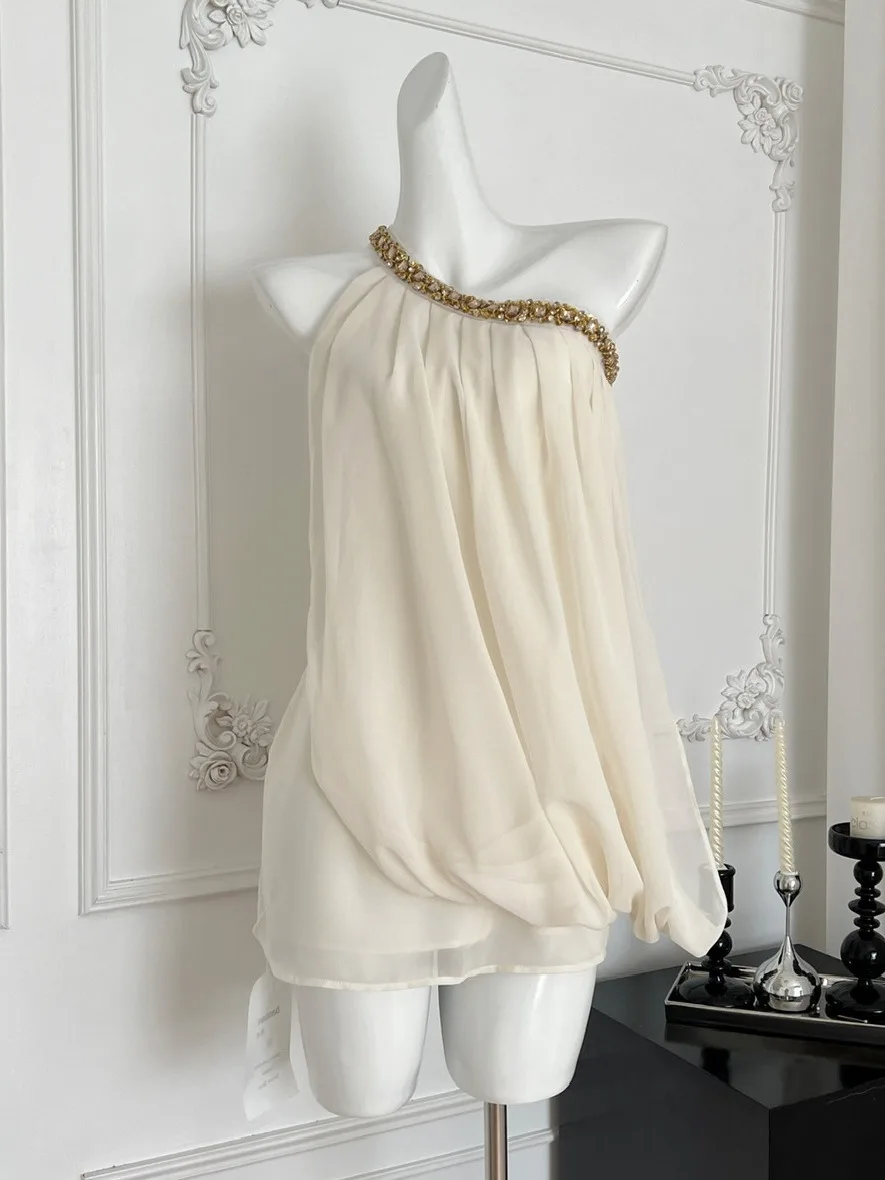 

Ele Lady Dr with Heavy Embelliment Diamond Embellied Asymmetrical oulder Strap ort Tulle Skirt for Women