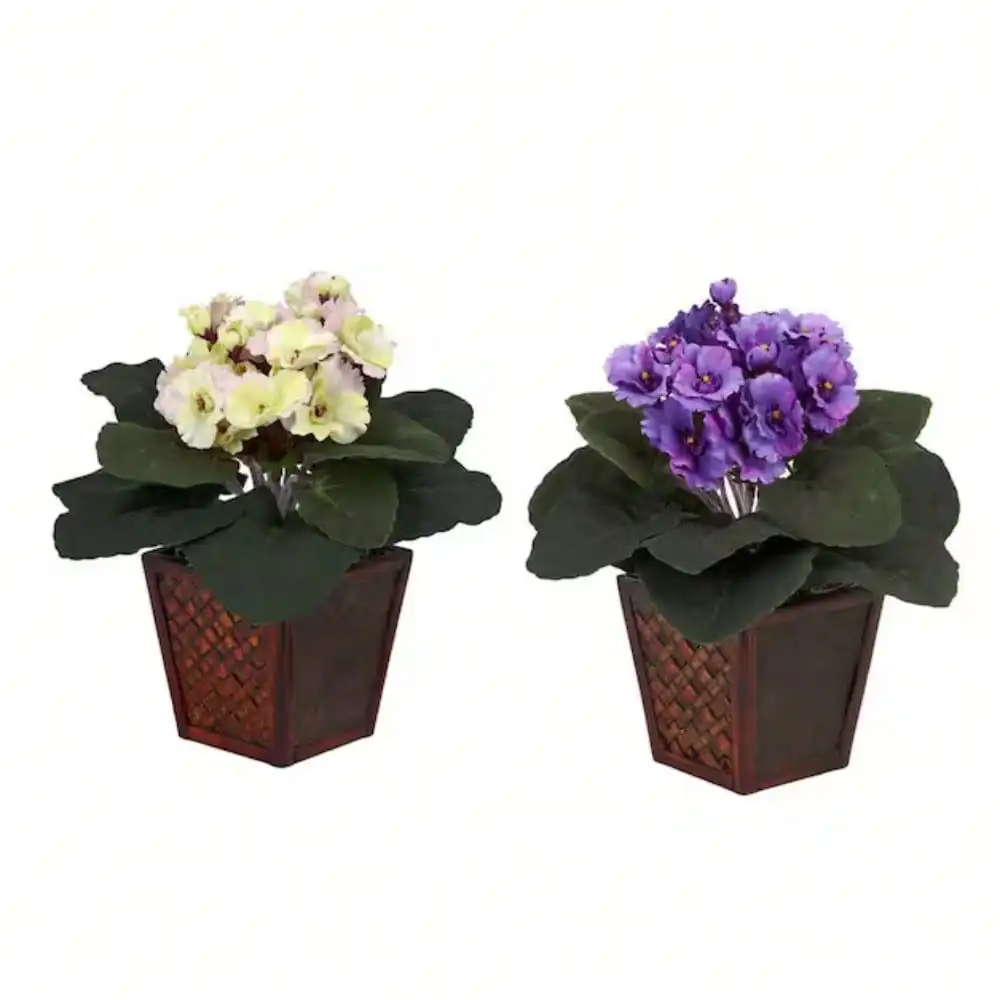 

10 in. Artificial H Assorted African Violet Silk Plants with Vase, Set of 2. Place them on either side of a desk or bookcase