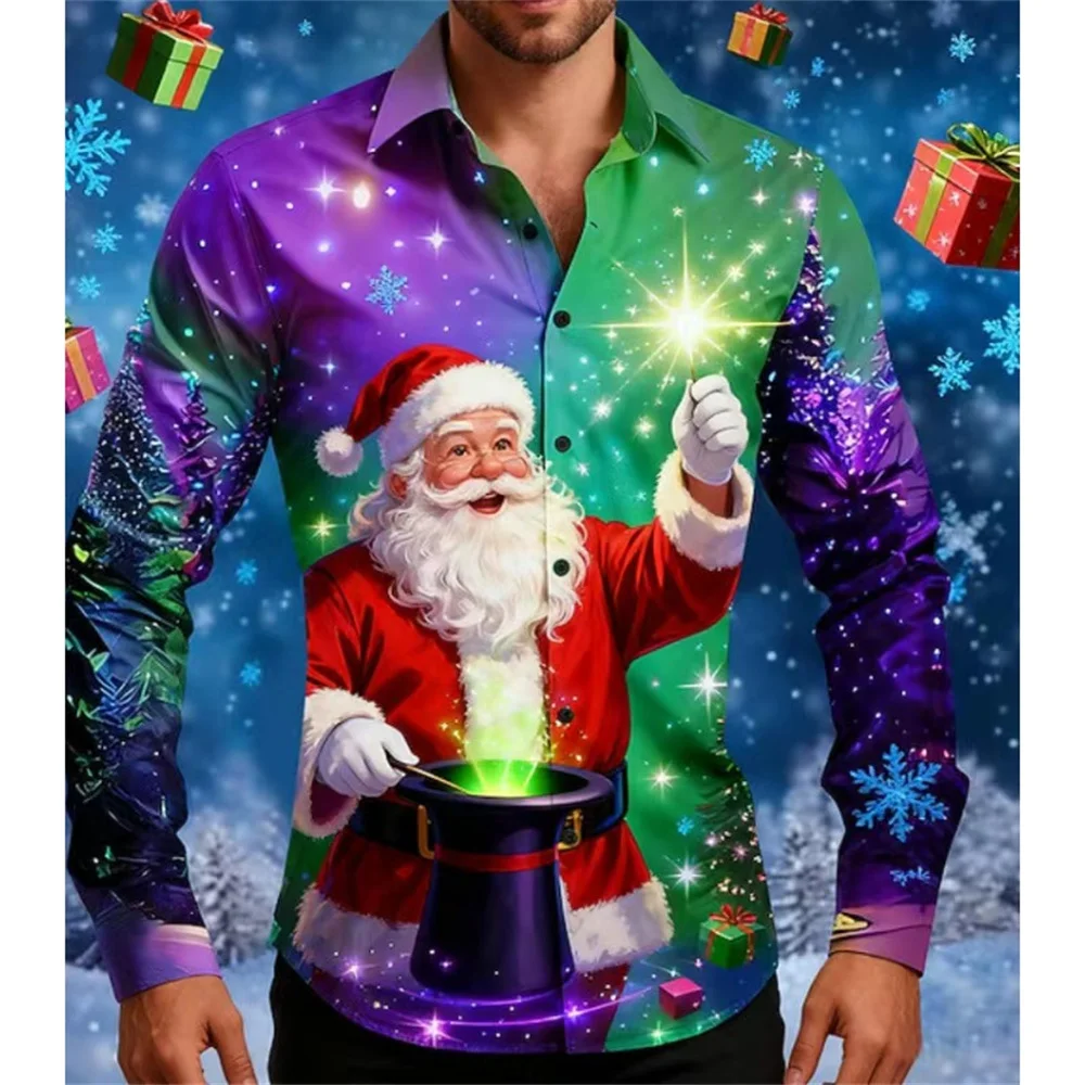 

Новая мужская гавайская рубашка с длинными рукавами в подарок на Рождество, рубашка с 3D рождественским принтом, новогодняя официальная рубашка с лацканами, мужской топ