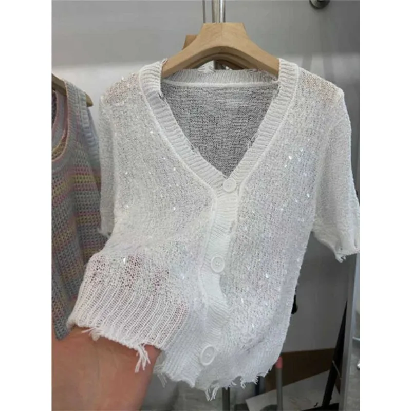 

Blouse Cardigan Women's Summer V-neck Sequin Short-sleeved Knit Cardigan Cropped Fitted Waist New Versatile Elegant Distinctive
