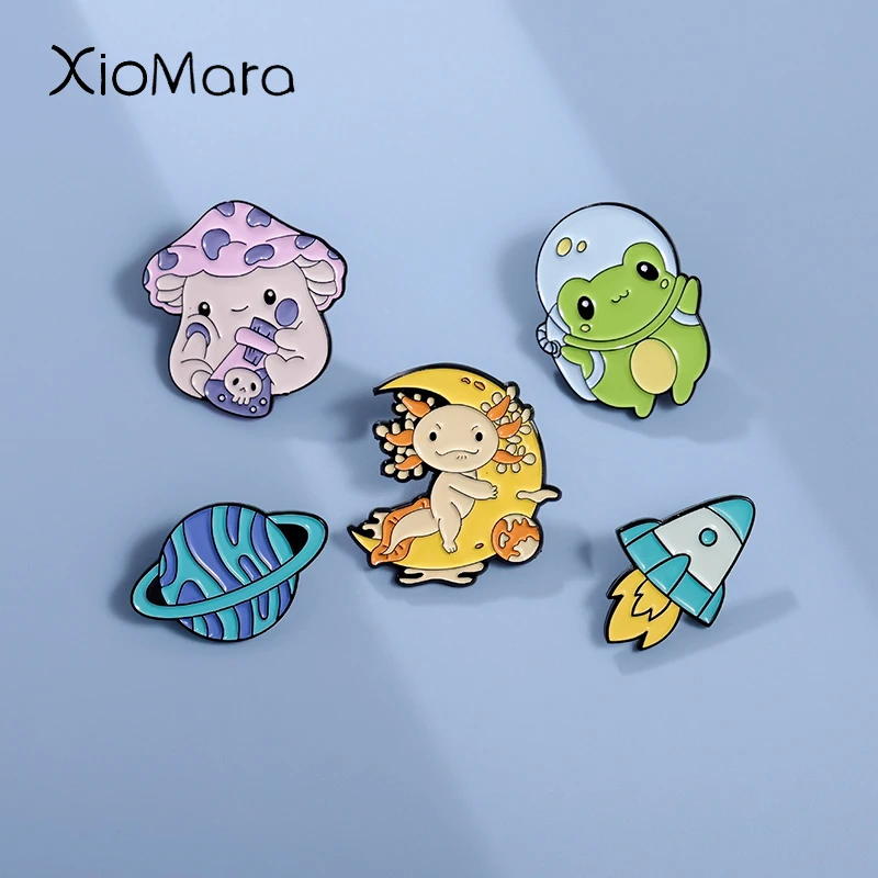 Cartoon Space Frog Planet Rocket Enamel Pin Cute Mushroom Salamander Decor Brooches Accessory Clothes Lapel Badge Jewelry Gift