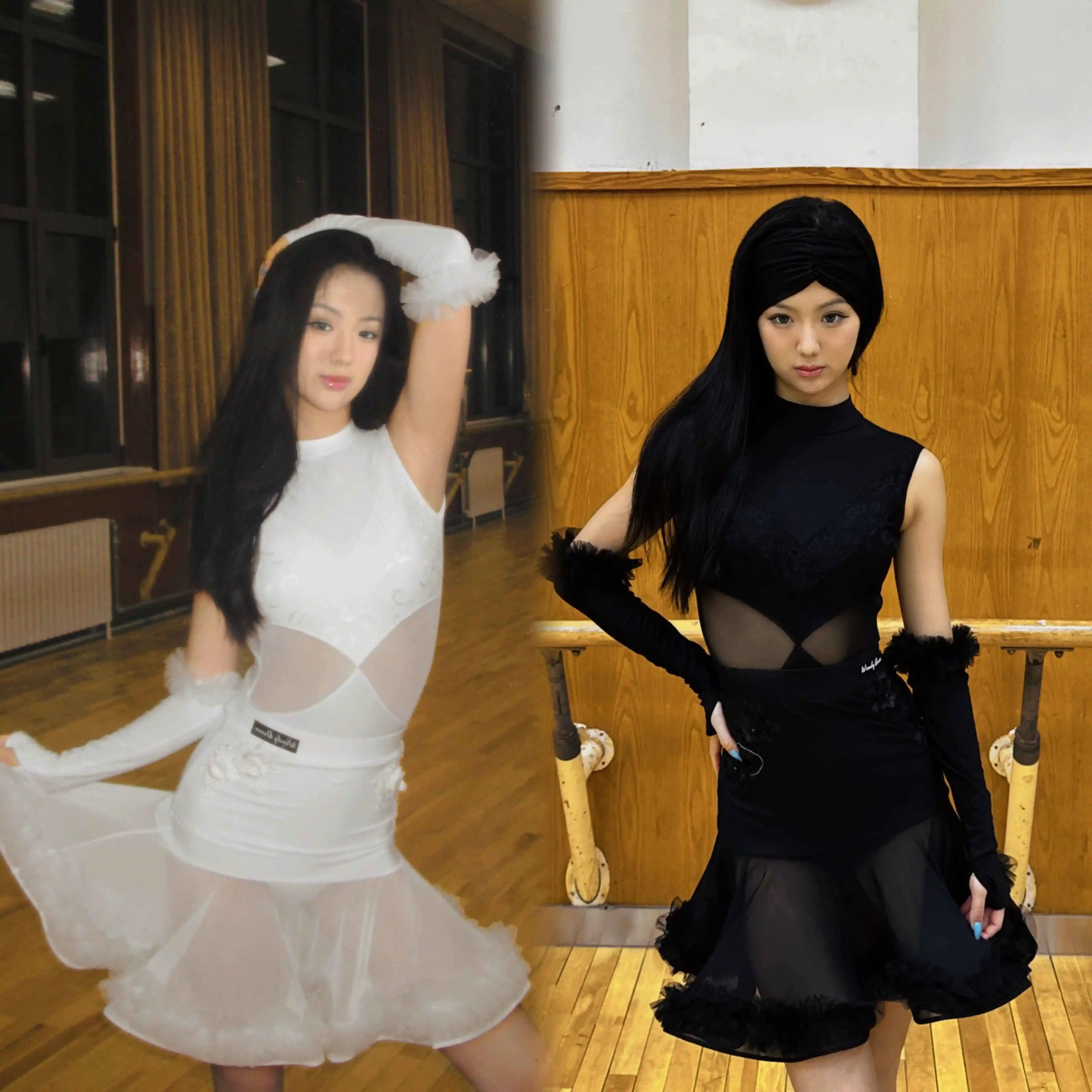 Sexy Latin Dance Costume Women Sleeveless White Black Mesh Tops Skirt Cha Cha Ruma Dance Competition Performane Dress Goves Suit