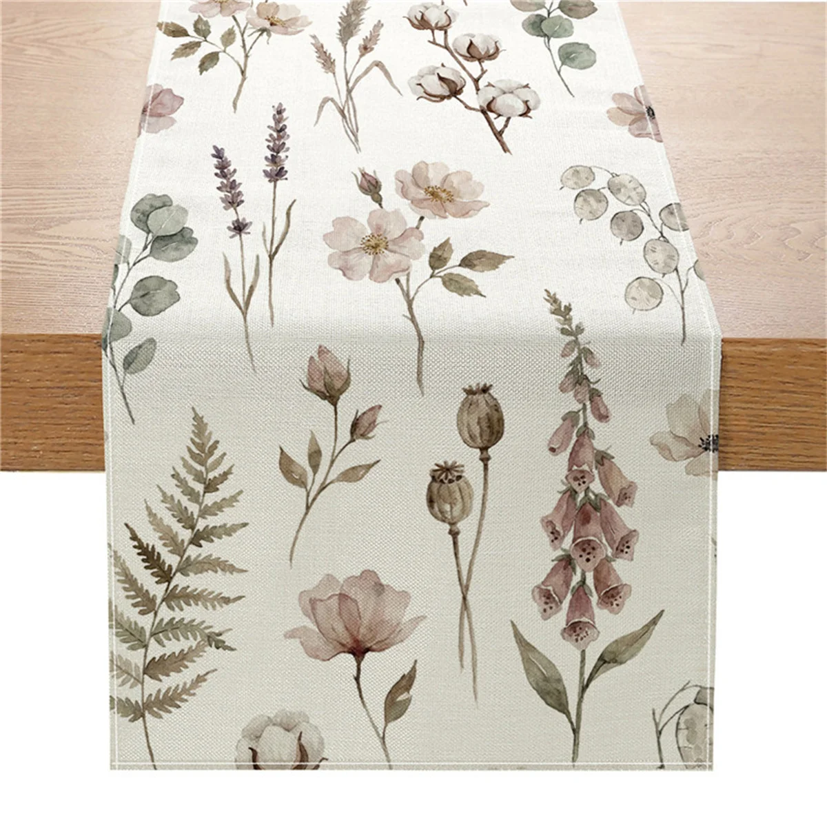 Vintage Watercolor Botanical Table Runner, Boho Floral & Fern Decor for Spring, Summer, Kitchen & Dining Room Table Settings