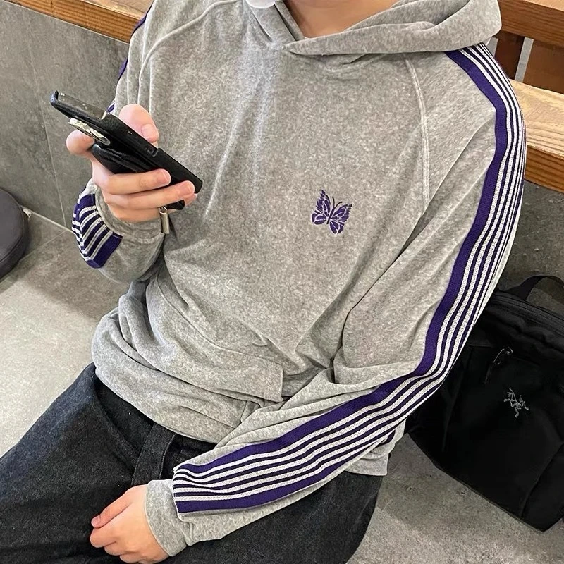 

Needles ssz track butterfly velvet gray hoodie Japanese fashion brand loose-fitting autumn/winter unisex hooded sweatshirt