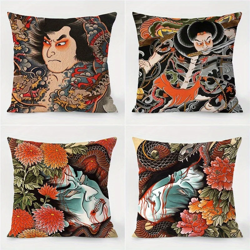 4-Pack Japanese Tattoo Inspired Pillow Covers, Unique Single-Sided Print Artistic Cushion Cases for Sofa and Home Decor