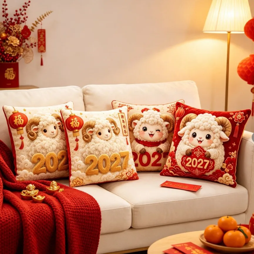 4pcs Chinese New Year Cushion Covers Luxury Zodiac Goat Throw Pillow Cover Holiday Spring Festival Party Supplies Home Decor