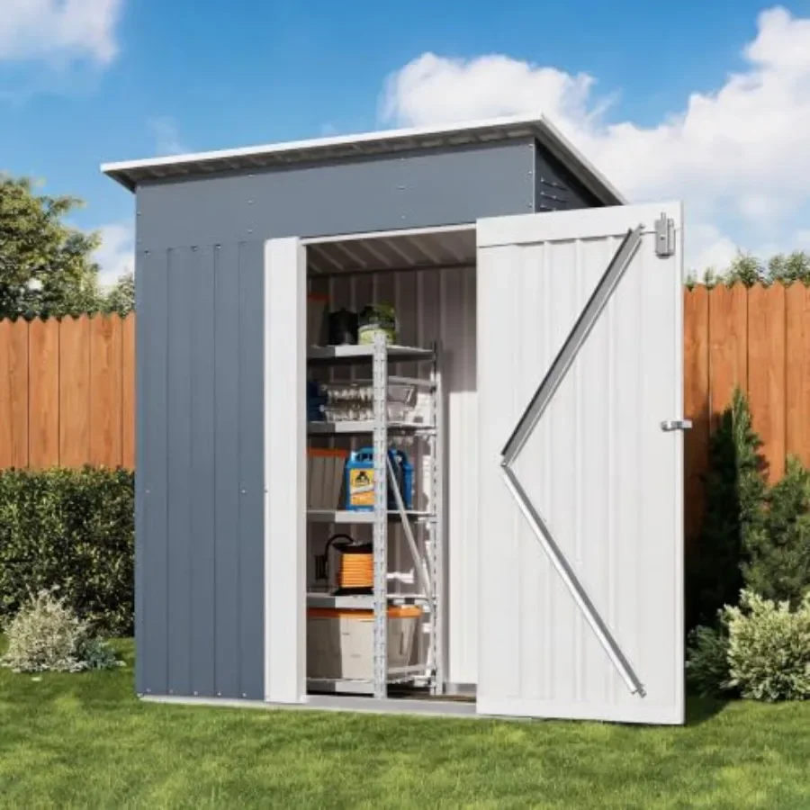 Outdoor storage shed for feet-small spaces: sturdy metal construction, gray finish, lockable door for security and weather resi