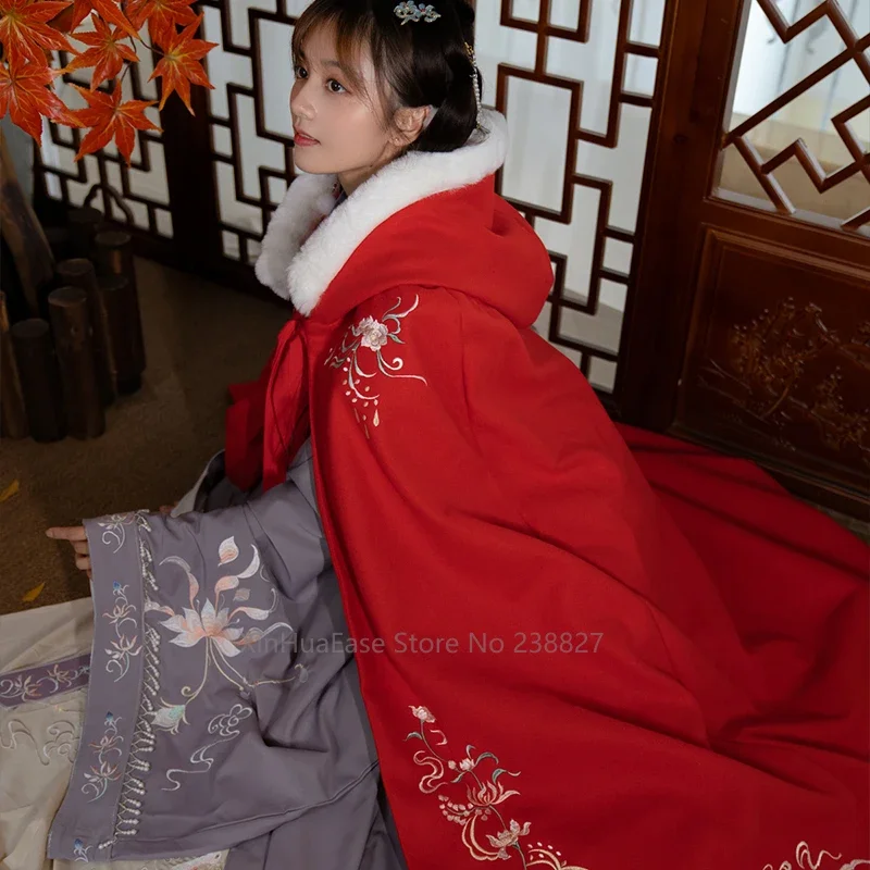 Capa de Hanfu de agua para mujer, abrigo cálido de espesor chino con capucha, ropa de Cosplay tradicional antigua, color rojo, Invierno