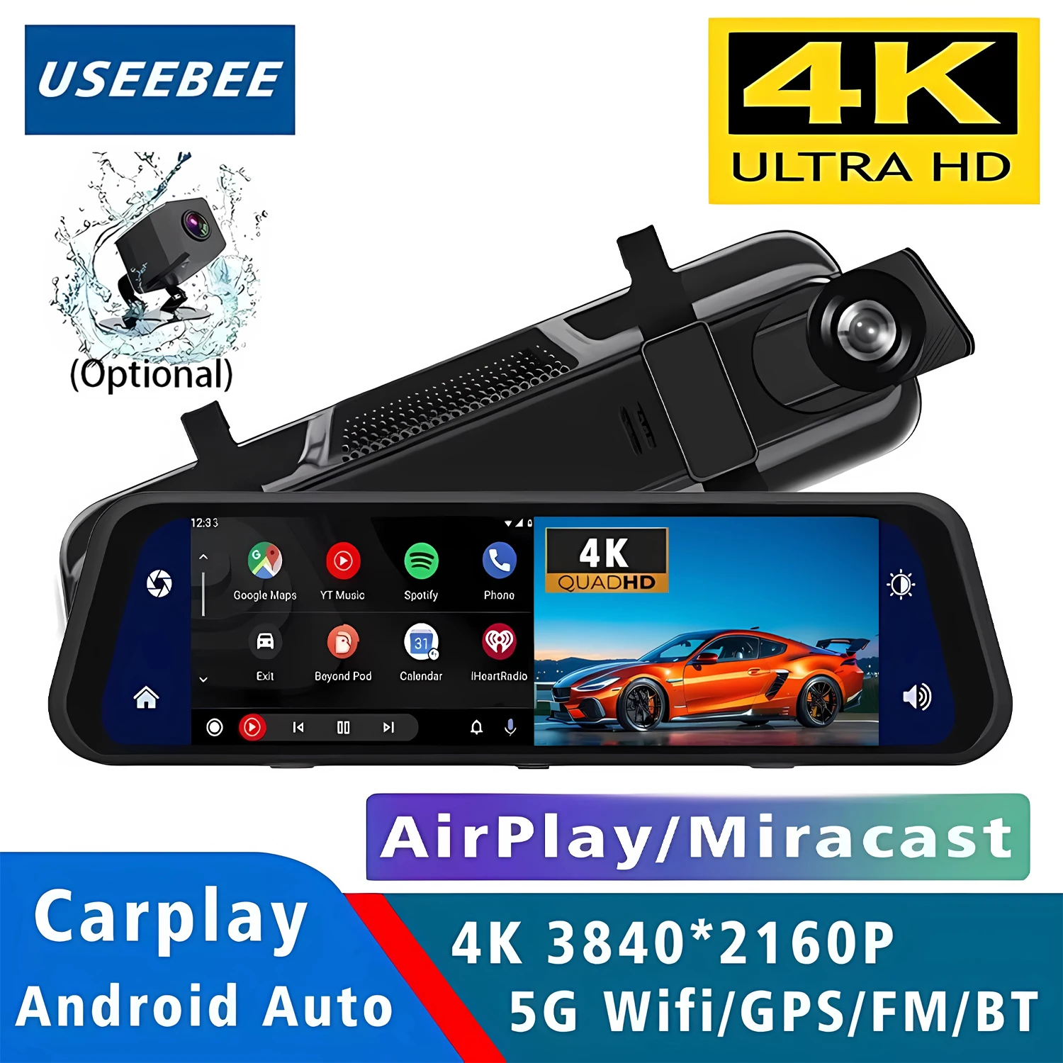 

10-дюймовый 4K видеорегистратор 3840*2160P с Carplay, Android Auto, двумя камерами, Wi-Fi, GPS, Bluetooth, FM, записью видео и функцией Stream Mirror