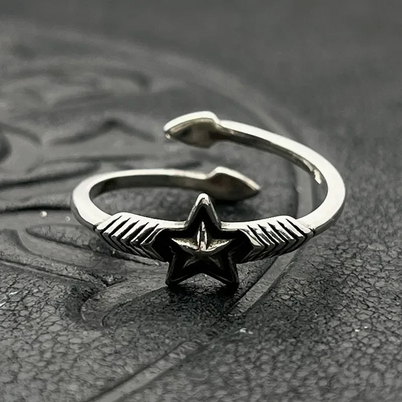 S925 Pure Silver trendy Thai silver retro pentagram devil tail ring niche high sense
