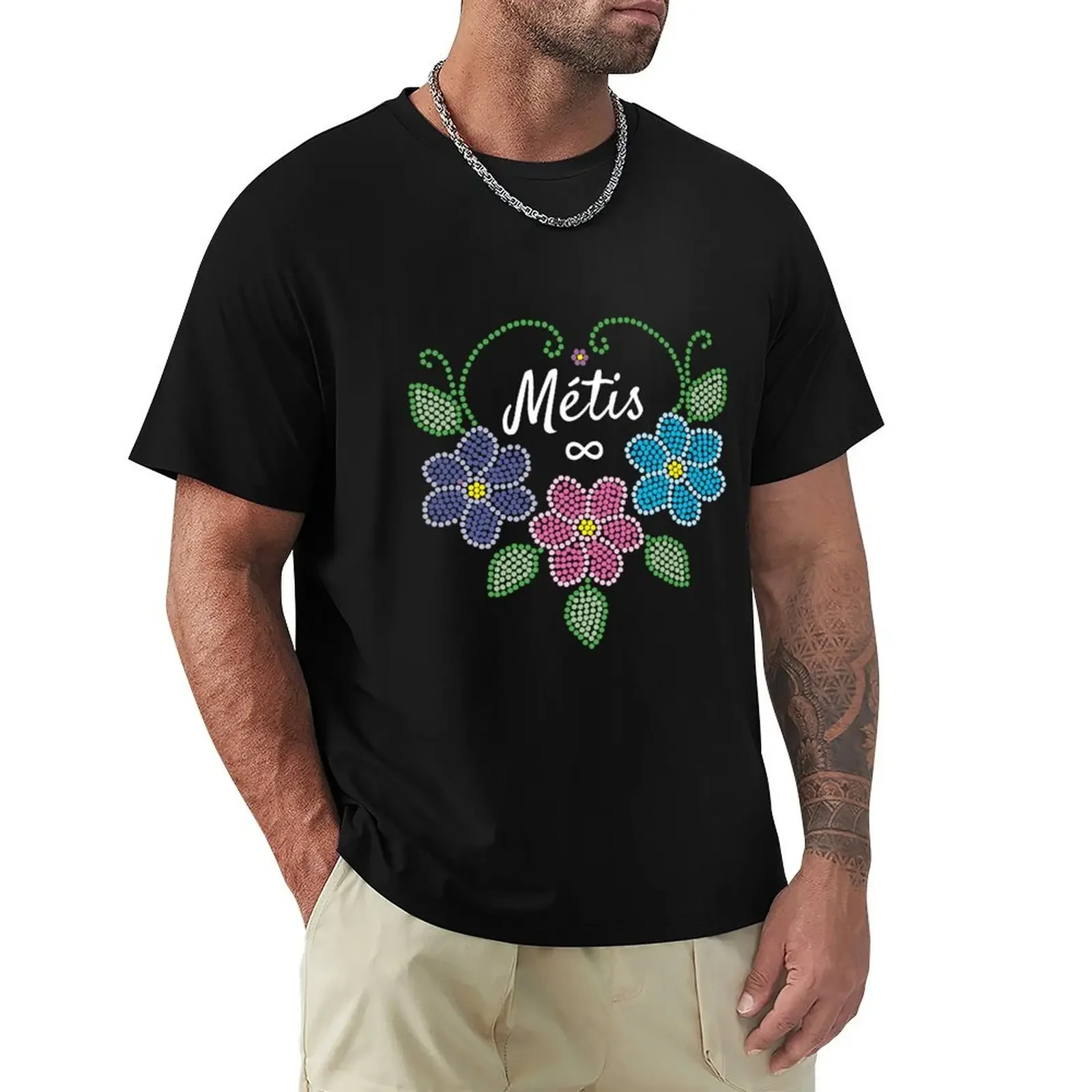 Metis beaded flowers T-Shirt hippie clothes cotton graphic tees oversized graphic tee vintage graphic tee t shirts for men pack