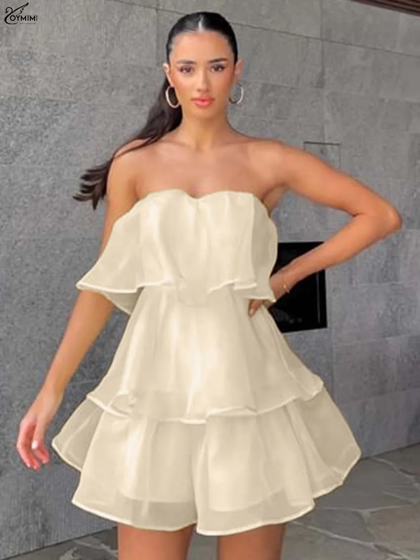 Oymimi-vestido informal con volantes de color albaricoque para mujer, vestidos a la moda de cintura alta con espalda abierta, minivestidos plisados con cremallera elegante, ropa de calle