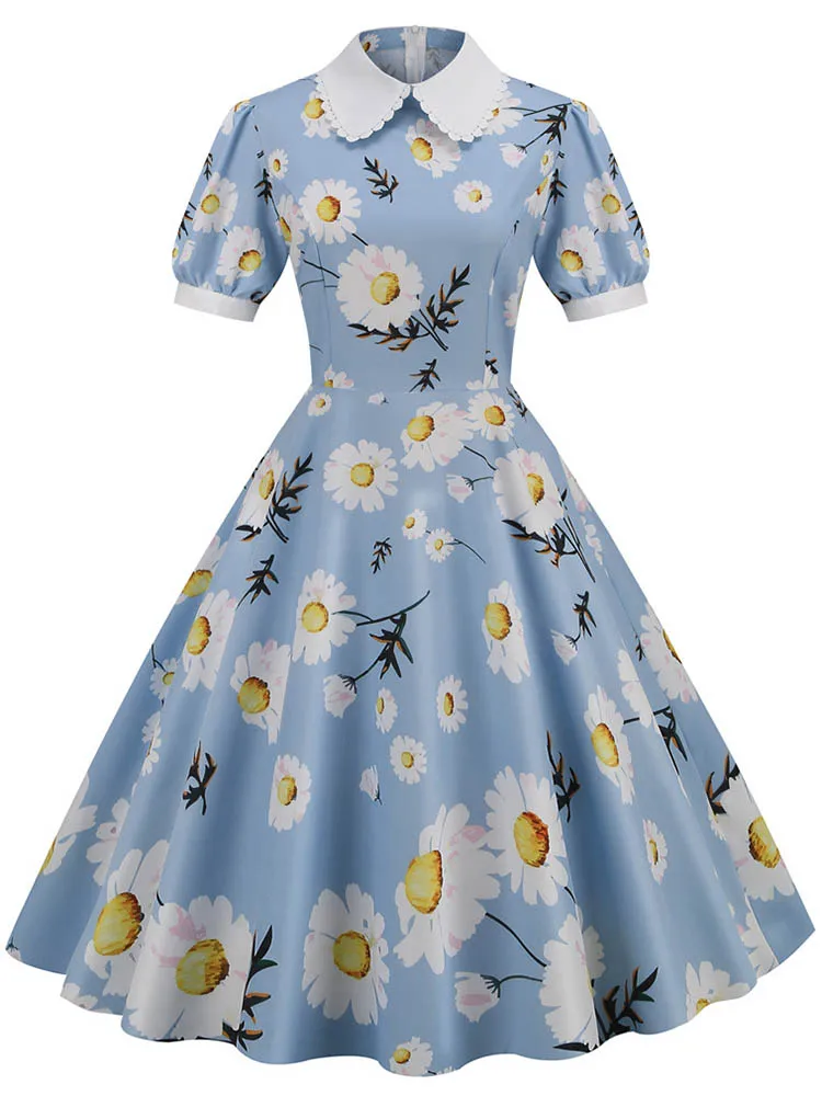 S~3XL  Women Midi Dress Floral Print Peter pan Collar Elegant Party Dress Puff Sleeve Vintage Sundress