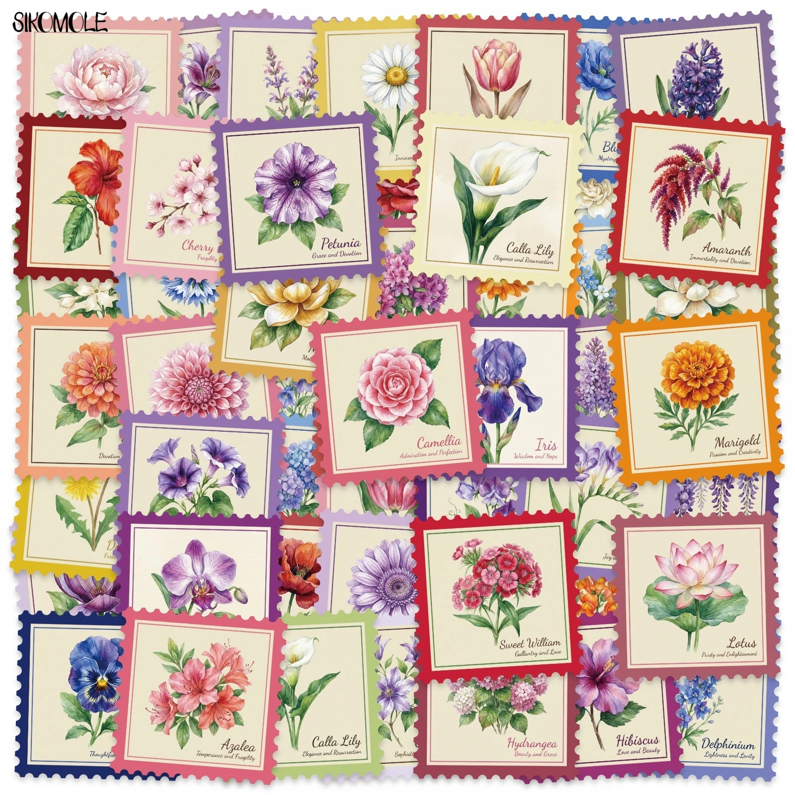 

10/30/50PCS Stamp Style Literary Flowers Stickers Book DIY Skateboard Toys Guitar Luggage Suitcase Decoration Graffiti Sticker