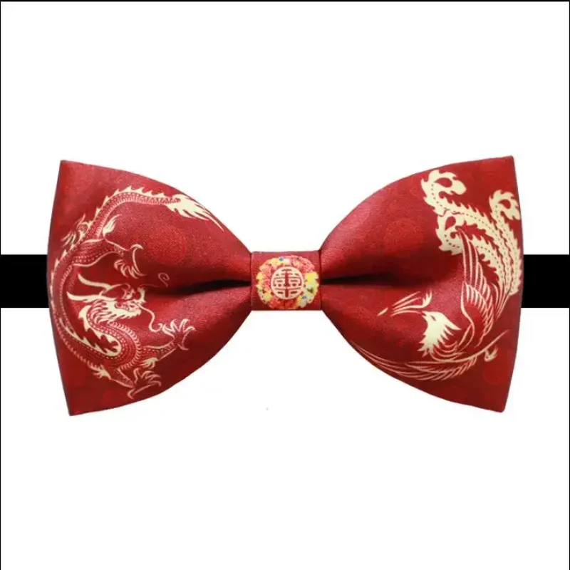 Chinese Style Dragon Phoenix Bridegroom Bow tie Men Wedding Red Print