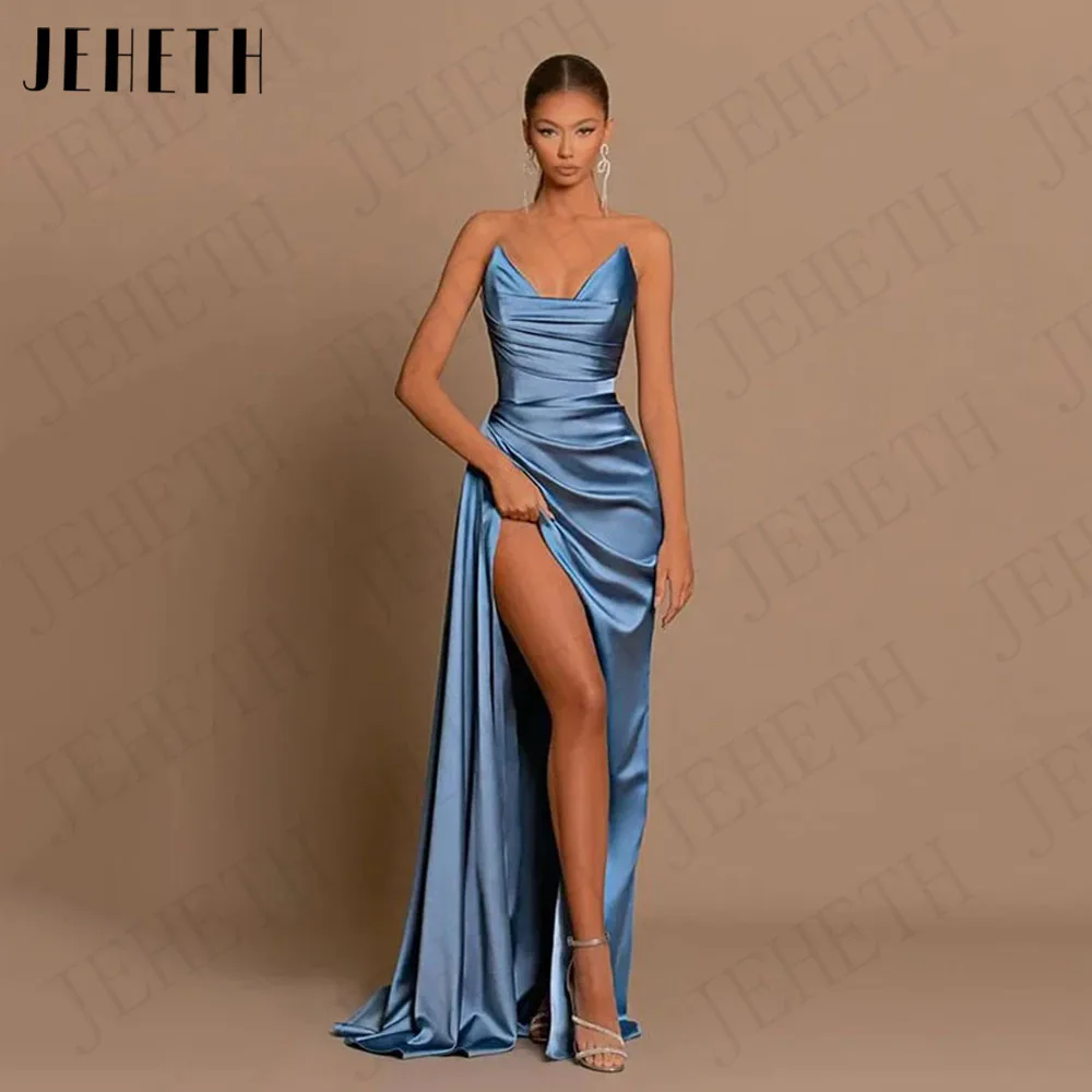 JEHETH Mermaid Blue Side Slit Evening Dresses Formal Prom Satin Floor Length Party Sexy Night Cocktail Gowns vestidos de gala