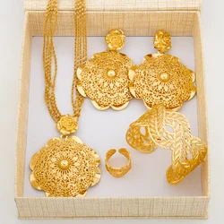 Dubai Gold Color Jewelry Set with Gift Box Exaggerate Flower Design Dangle Earrings and Necklace with Bangle Ring Set for Party