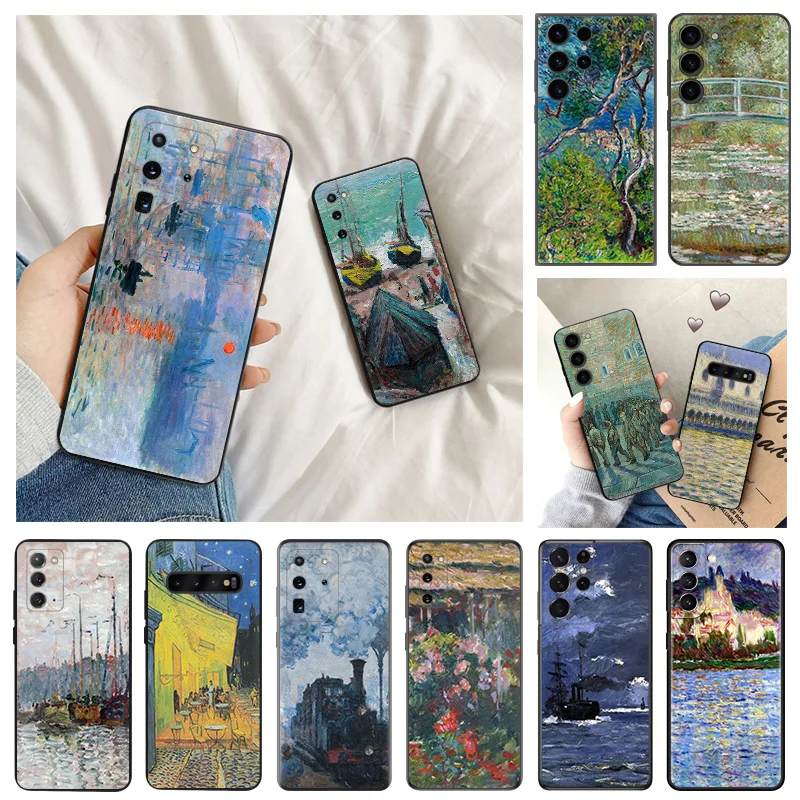 Claude Monet Art Black Matte Phone Case For Samsung Galaxy S23 S22 S21 Ultra 5G S20 FE S10 Plus Note 20 10 9 Soft Cover