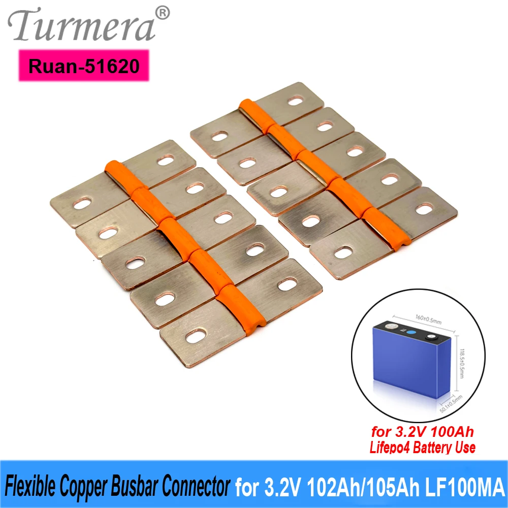 Turmera 12V Lifepo4 Battery Flexible Busbar Copper Connecter Hole to Hole 51mm 2mm 400A Use in 3.2V 100Ah EVE LF100MA LF100LA