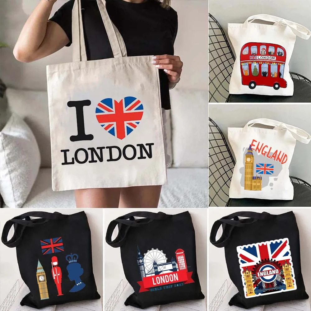 London Bridge Big Ben England Flag Map Shoulder Shopping Canvas Tote Bag Landscape Skyline United Kingdom British Women Handbags