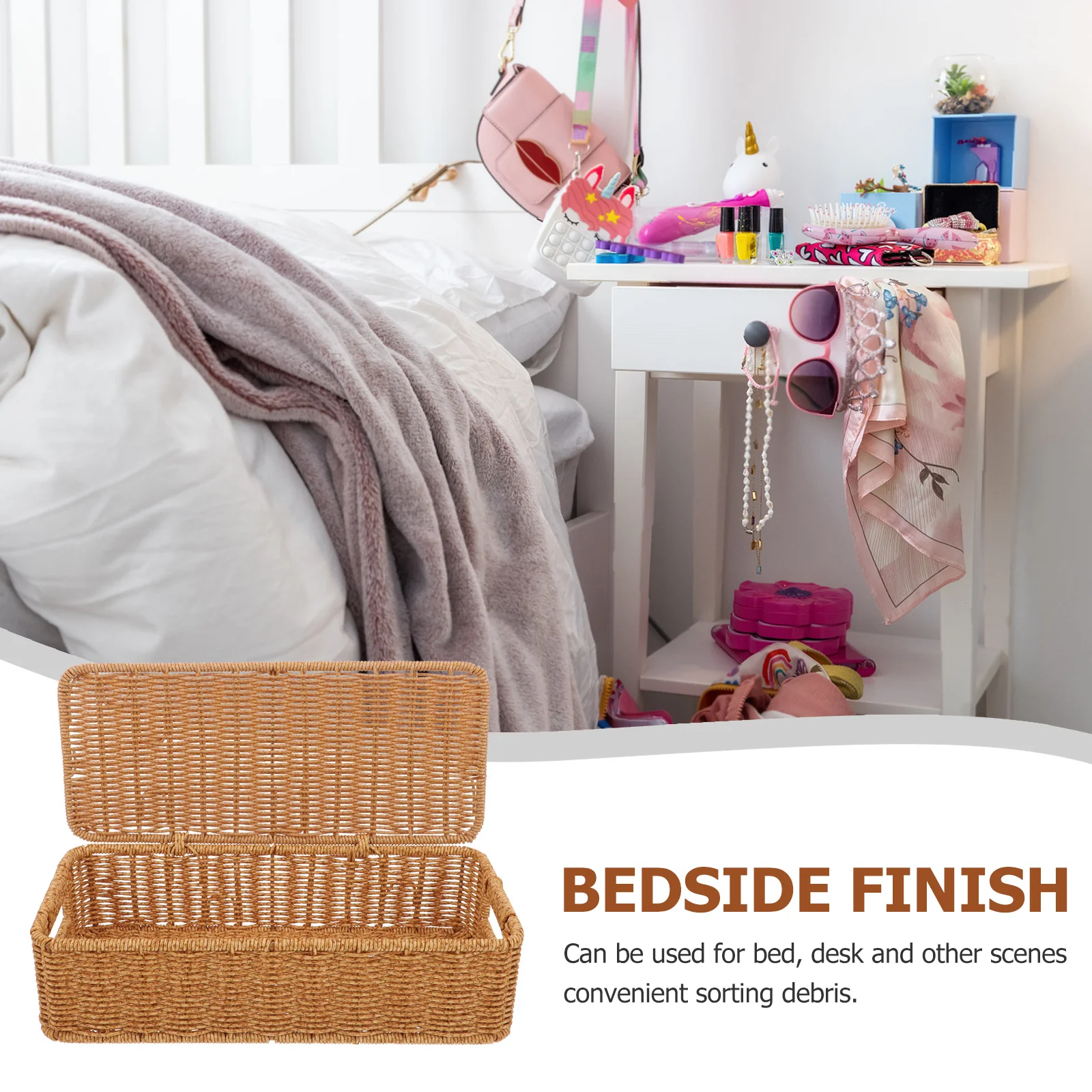 

European Style Woven Storage Box With Lid Handmade Desktop Organizer Sundries Container Countertop Basket Home Storage Bin