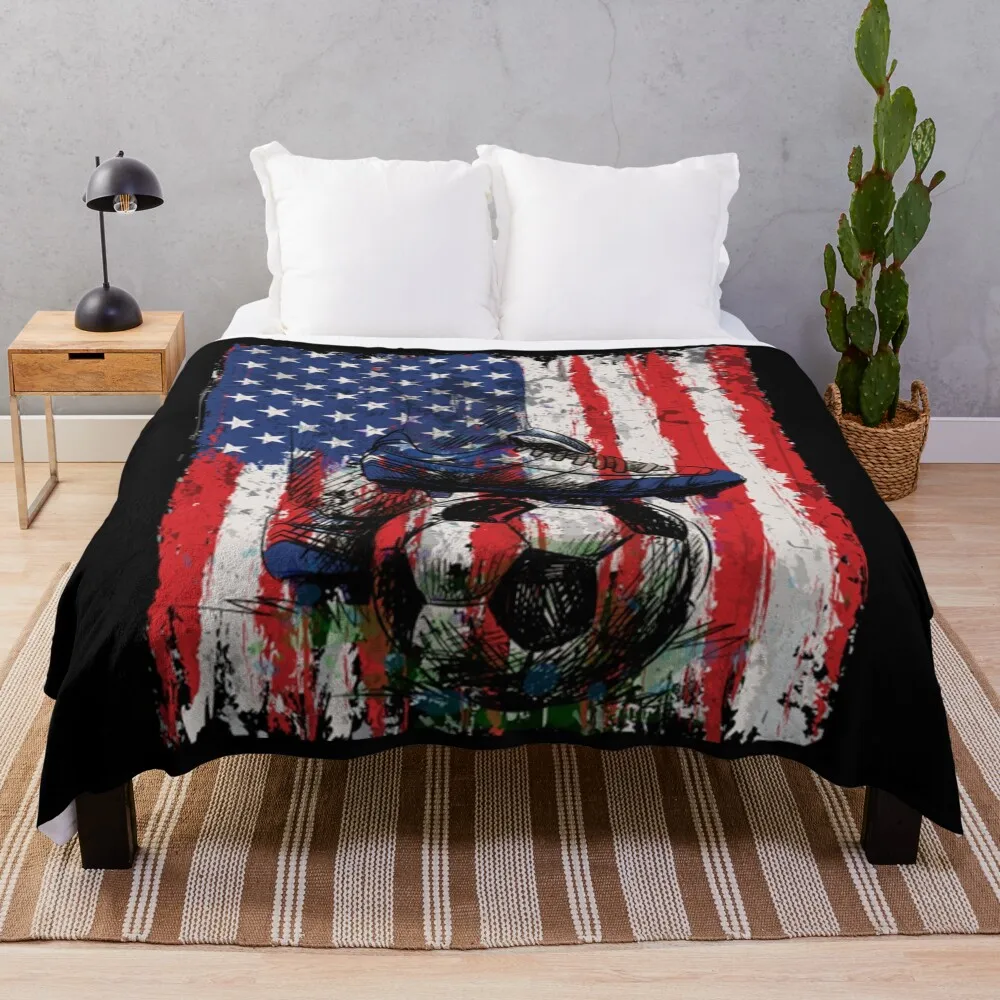 Patriotic American _ Soccer Team 2022 USA Flag Football Cup Throw Blanket Fuzzy Plush Throw Blanket for Sofa Chair