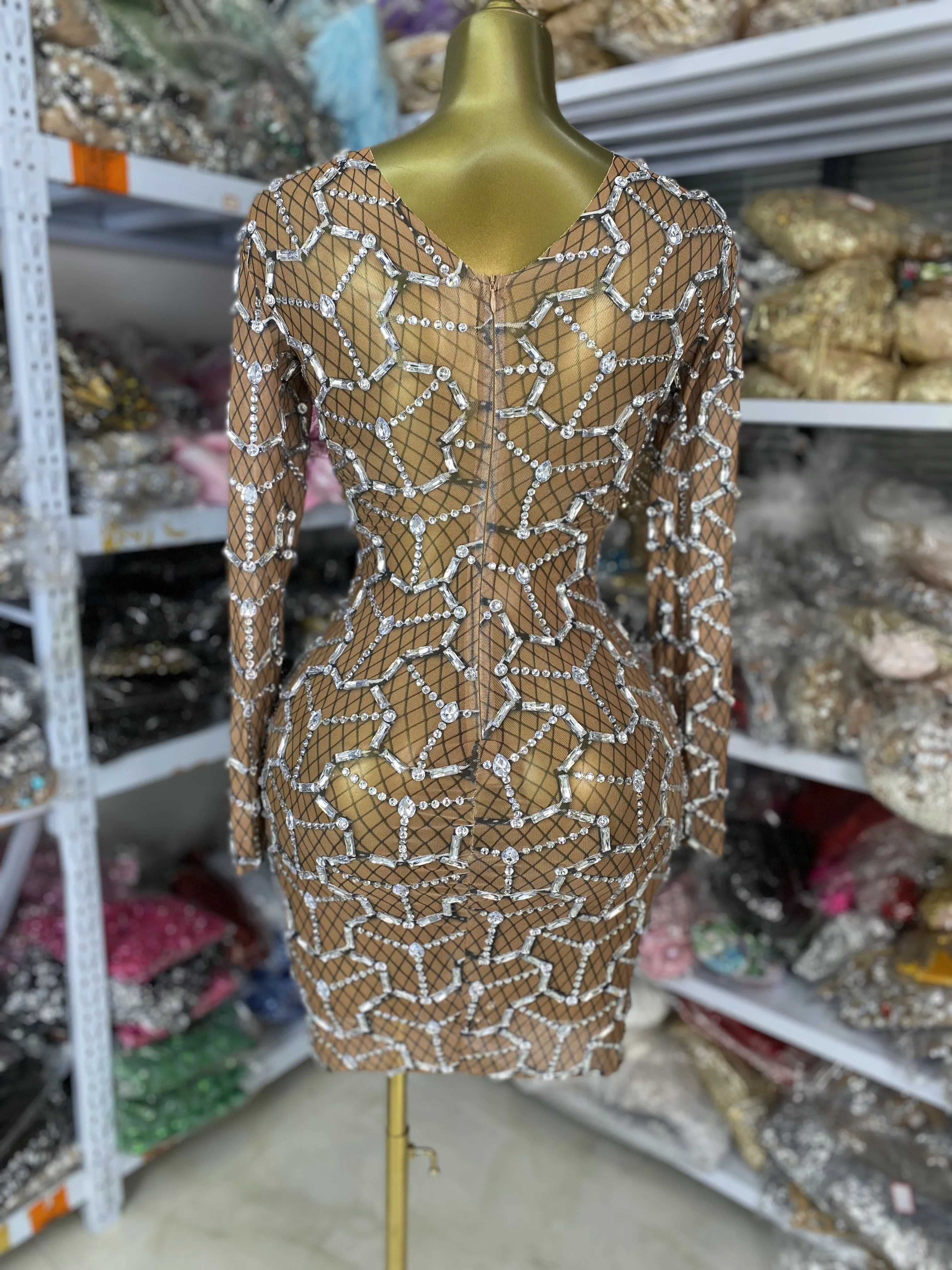 Women Luxury Printed Shiny Rhinestones Brown Mesh Long Sleeve O-Neck Bodycon Mini Celebrity Evening Club Party Dress Costumes