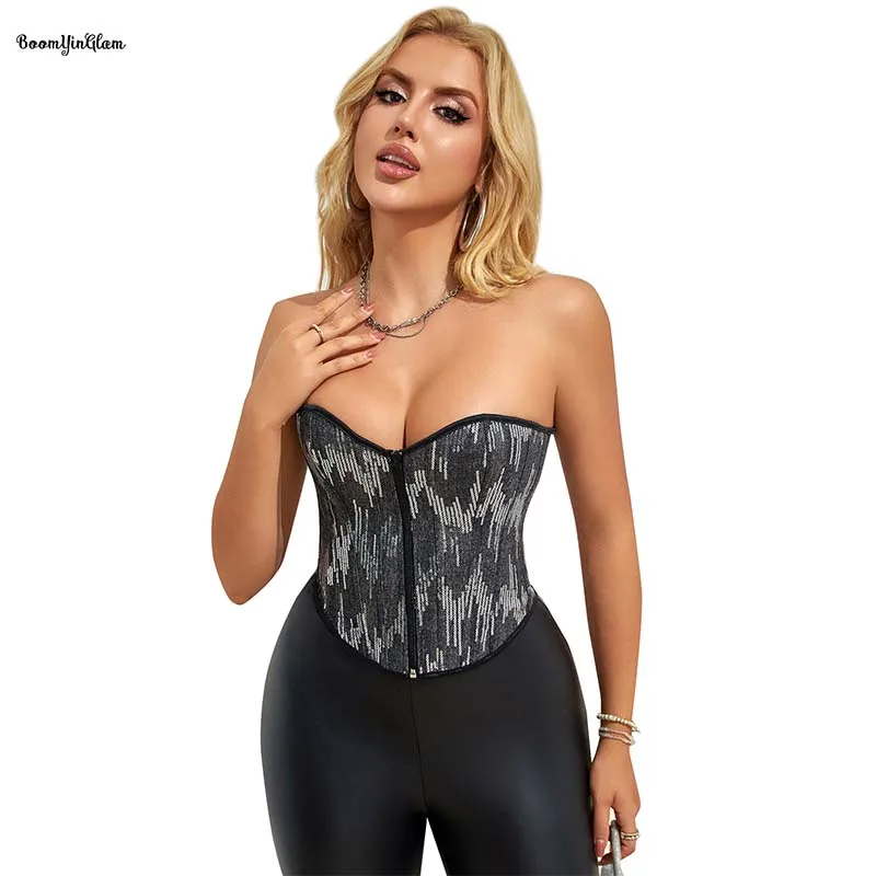 Dark Gray Women's Zip Up Waist Training Corset Dancewear Custome Sparkely Sequined Body Shape Wear