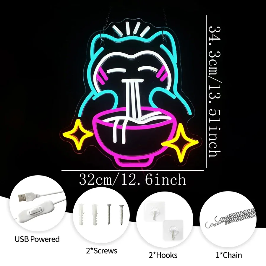 USB Powered Light Up Sign for Bedroom,Bar,Game Room,Birthday Gift Japanese Cat LED Lights for Wall Decor,Cat Ramen Neon Sign