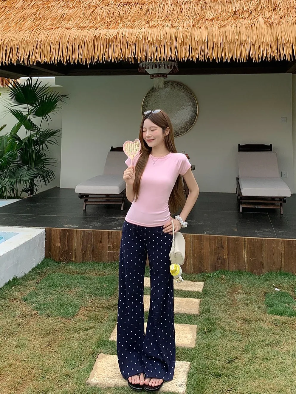 

Casual Low Waist Loose Long Pants And Short Sleeve T-Shirt Two Piece Set for Women in Pink Polka Dot Spring Season Fashion