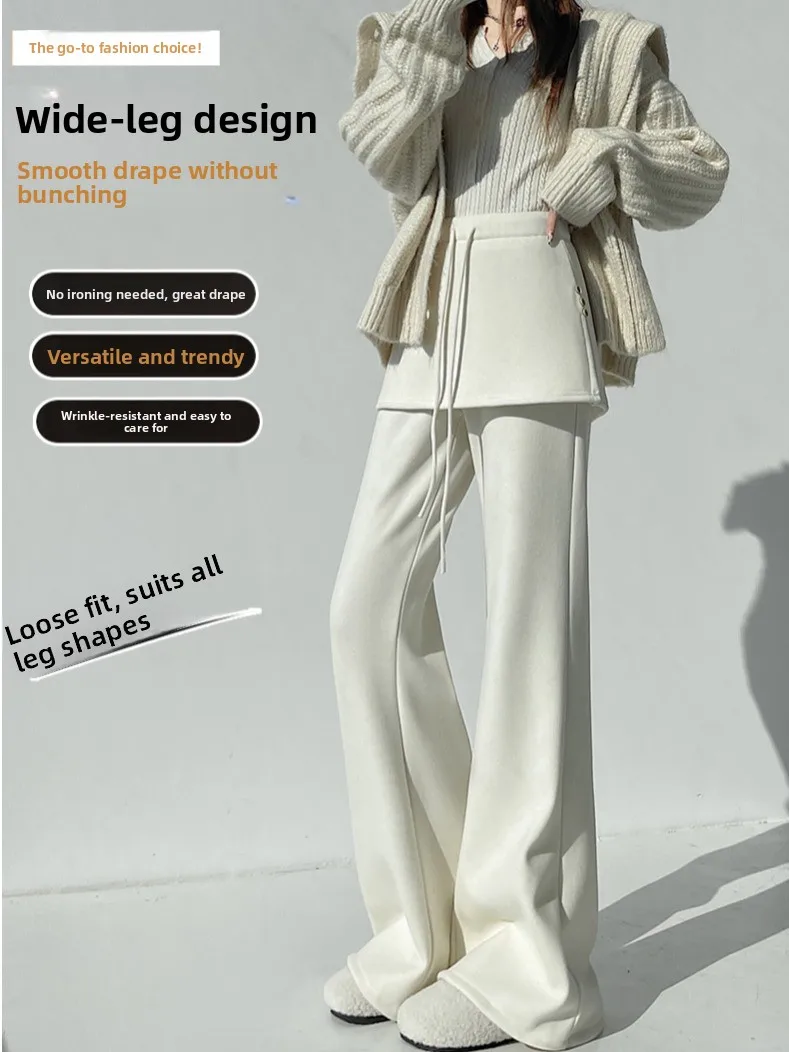 Khaki Fce Lined Wide Leg Pants Women Winter Thiened Camere Sports Pants High Waist Elastic Waisand Casual Trousers