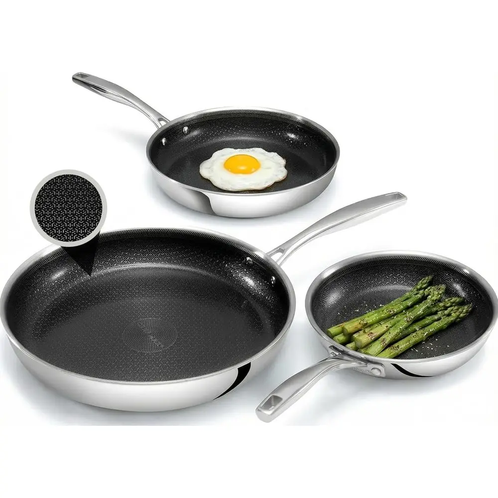

Набор из 3-х сковородок Hybrid из нержавеющей стали с антипригарным покрытием, 8, 10, 12 дюймов, подходят для индукционных плит, духовок и посудомоечных машин.