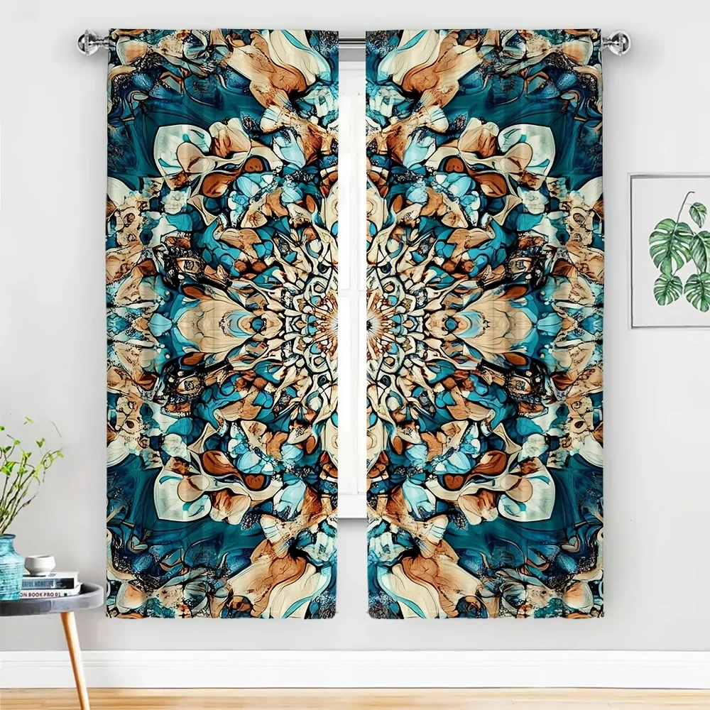 

2pcs Boho Mandala Curtains No Rod Blue Green Gold Abstract Blackout for Living Room Bedroom Meditation Space Hotel Decor