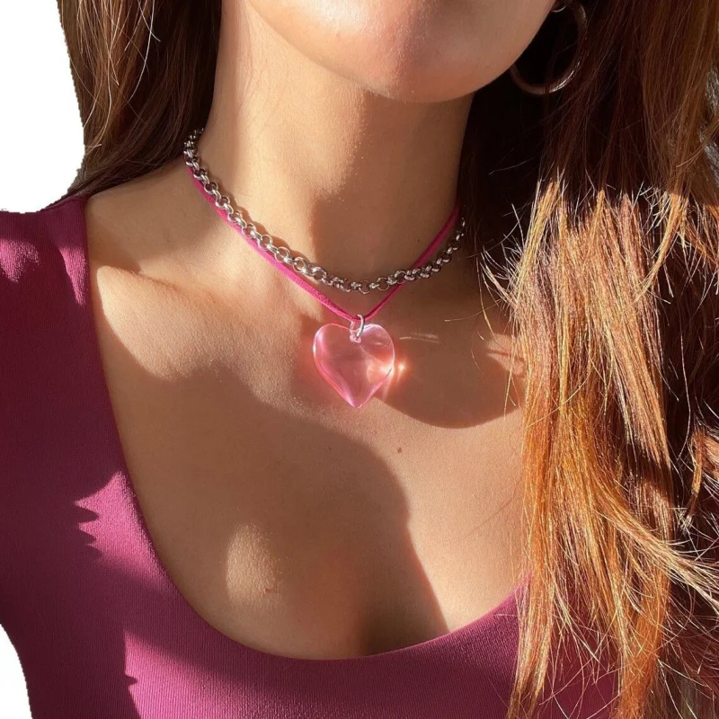 Customized Unique Colorful Heart Pendant Necklace Gothic Style Knotted Bow Adjustable Chain Y2K Factory Direct Sale