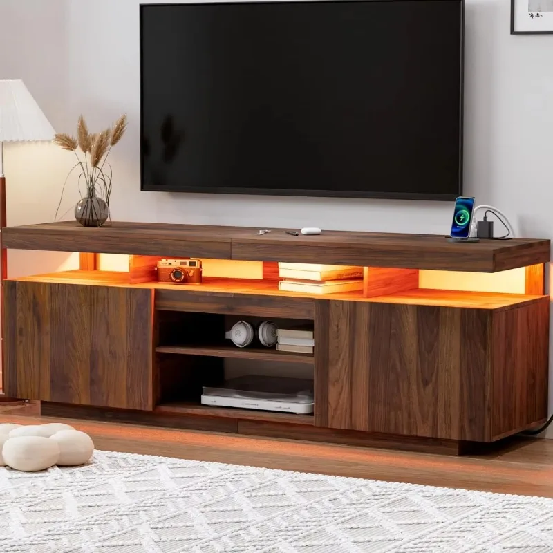 ^Modern LED TV Stand for 75 Inch TV, Walnut TV Console with Power Outlet, Entertainment Center with Storage for 75/70/65 inch