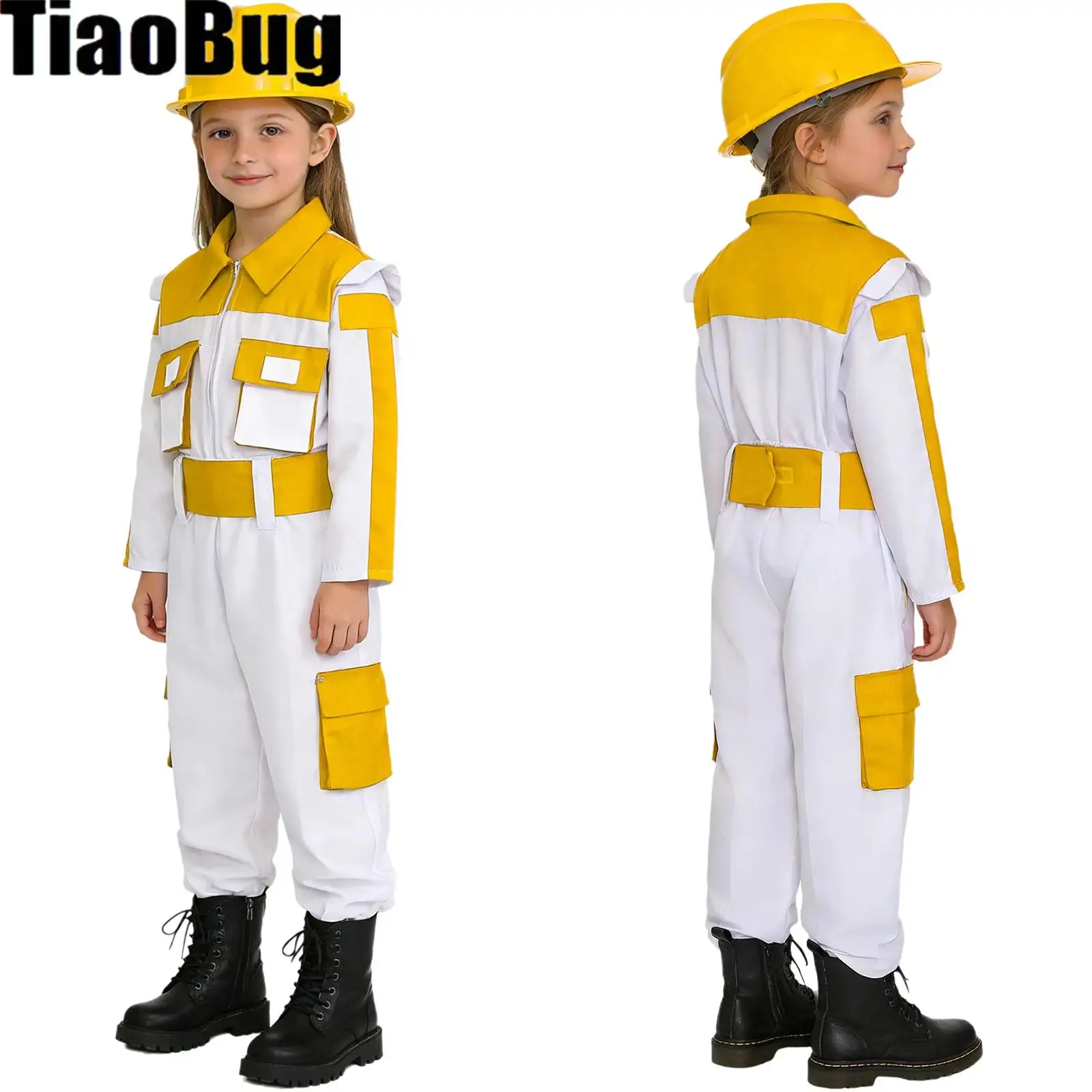

Kids Boys Girls Construction Worker Outfit Long Sleeve Zip Up Top with Elastic Waistband Pants Helmet And Gloves Engineers Set