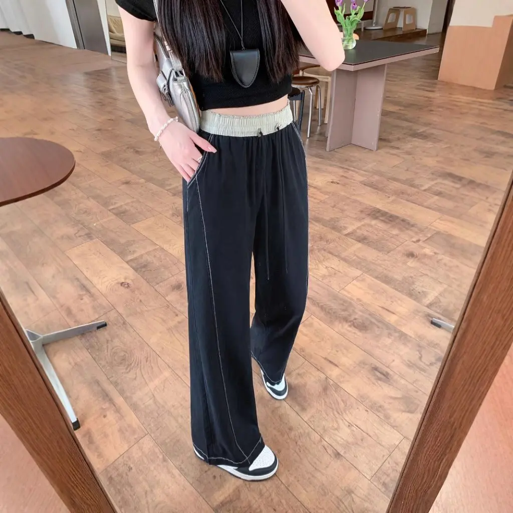 

Women's Contrast Color Waist Wide Leg Denim Pants Summer Thin Ming Line Casual Straight Lyocell New