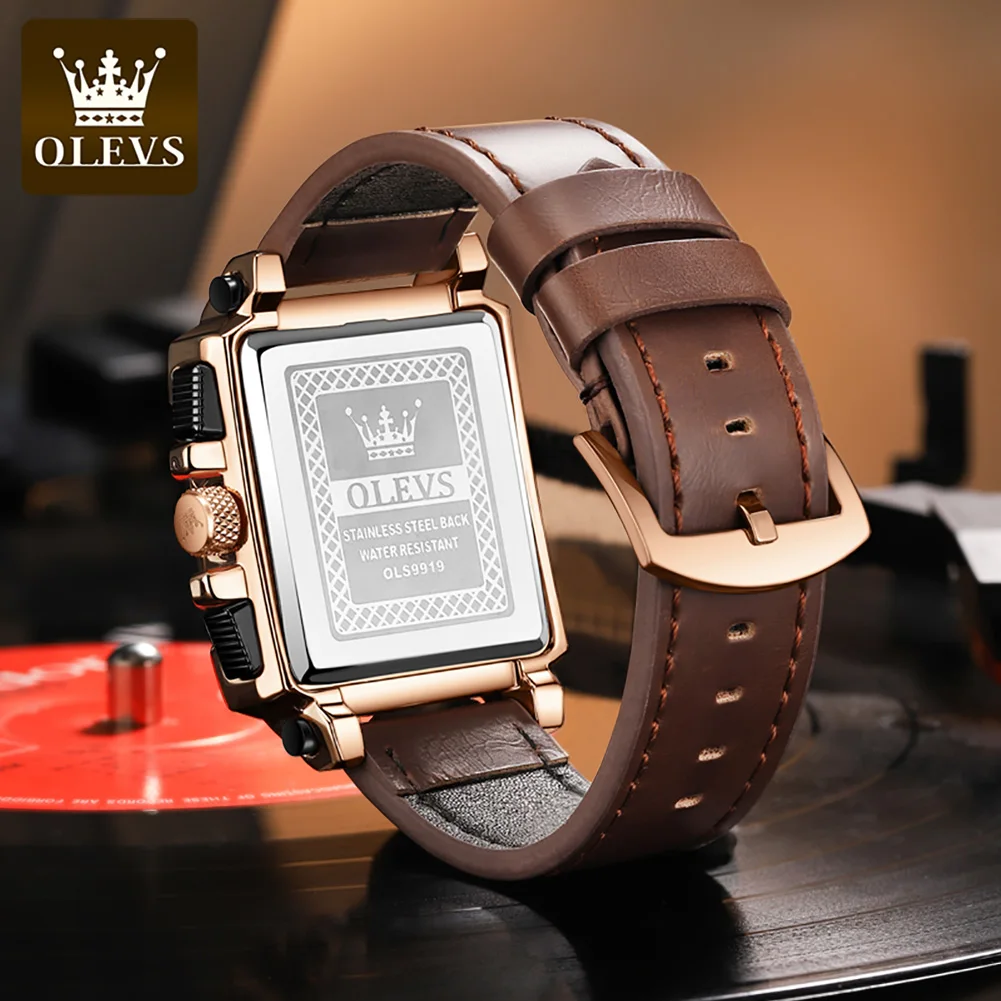 OLEVS 9919 Original Quartz Watch for Men Leather Strap Big Dial Square Waterproof Chronograph Sport Clock Male Relogio Masculino