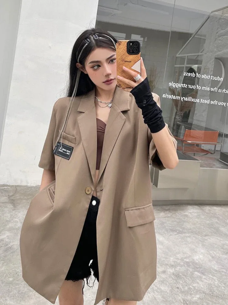 Streetwear Loose Women Blazer Summer Fashion New Thin Short Sleeve Button Down Jacket Woman