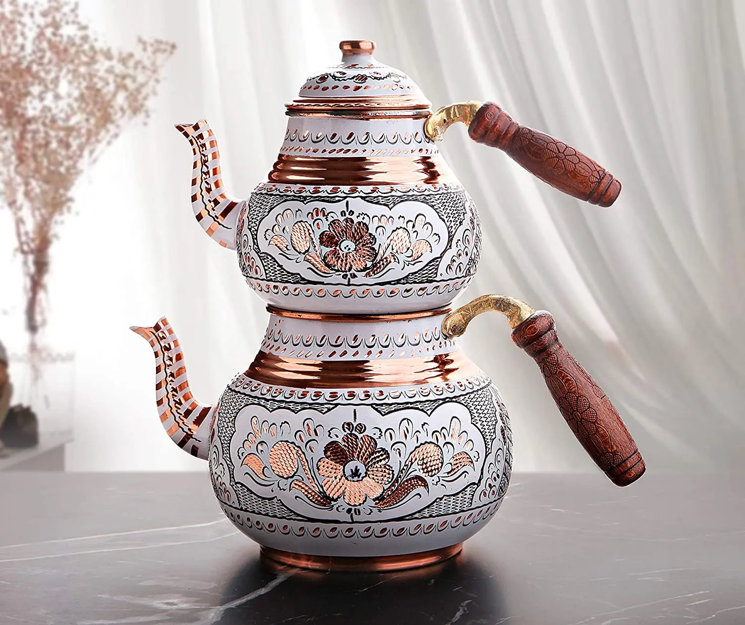 LaModaHome Handpainted White Color Copper Turkish Tea Pot