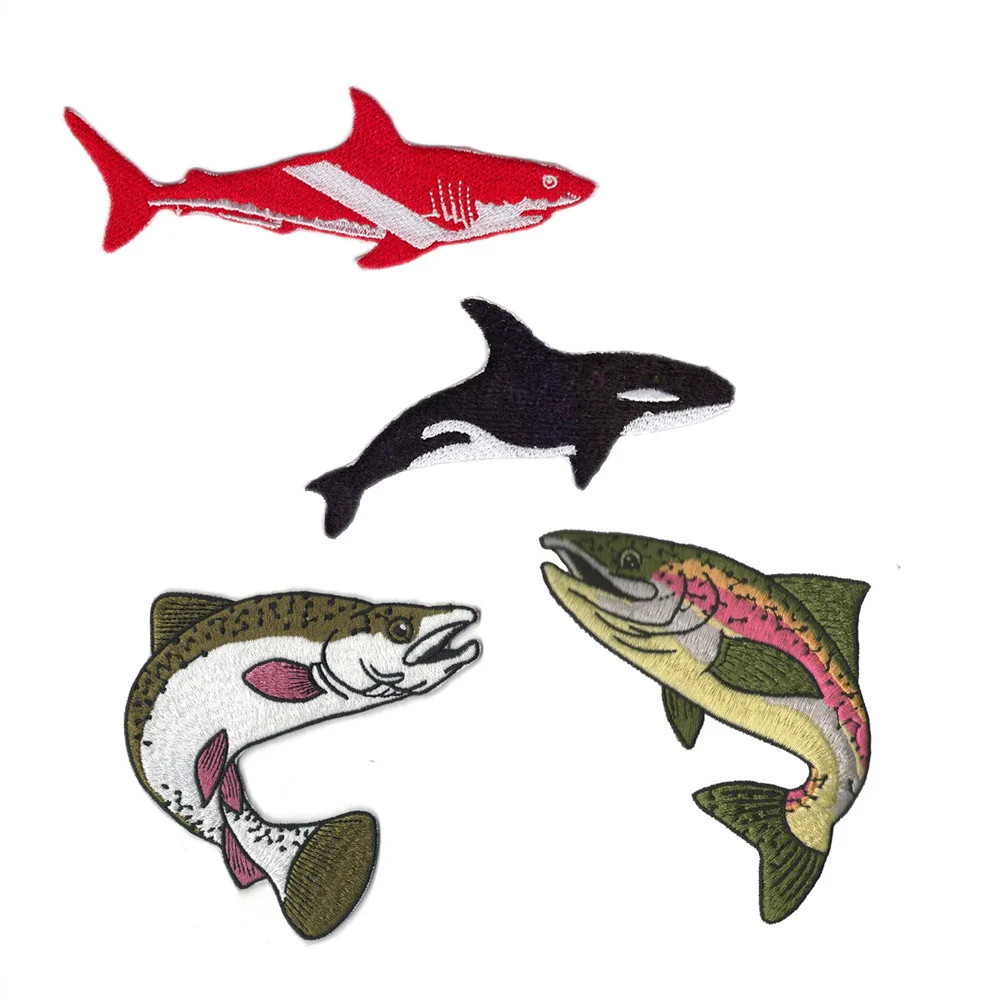 Exquisite Embroidered Patch Dolphin Shark Fishing Emblem Iron on Big Fish Cloth Appliques Thermo Adhesive for Jacket T-shirt DIY